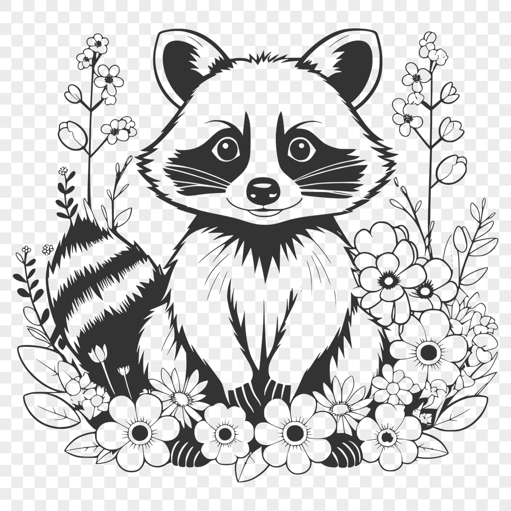 Wild Whimsy Floral Animal A stylized illustration of a raccoon amidst floral elements.