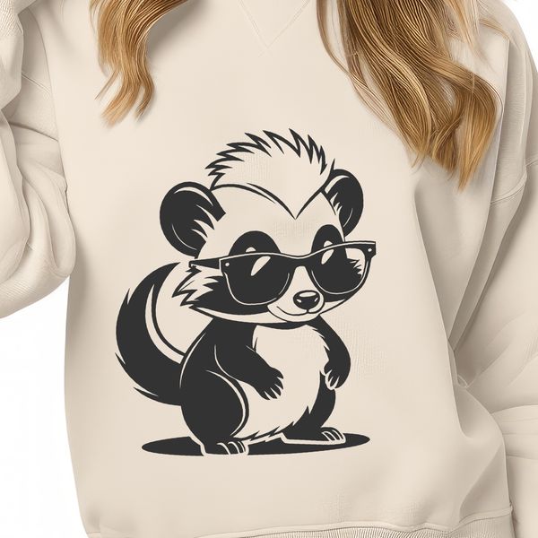 Cute Skunk Character in Shades A cartoon skunk character depicted wearing glasses, suitable for vector graphics and digital designs.