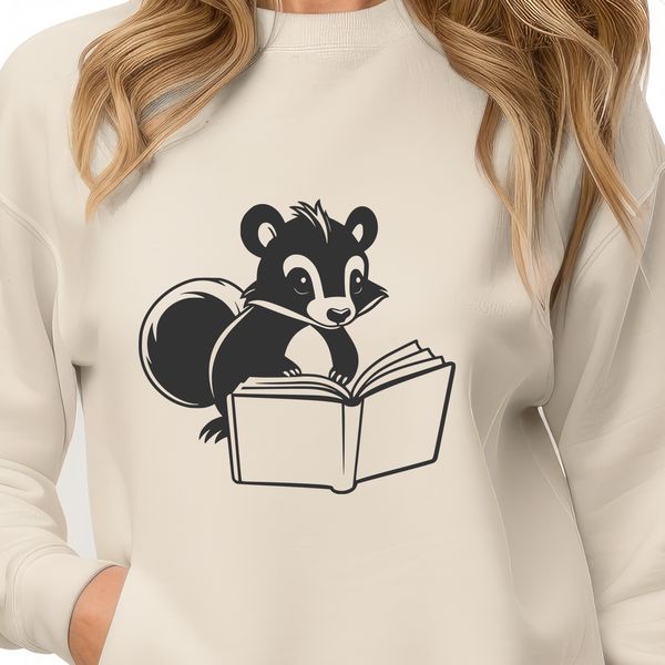 Wildlife Illustration - Skunk Reading Book An illustration of a skunk sitting on the ground with a book in its paws.