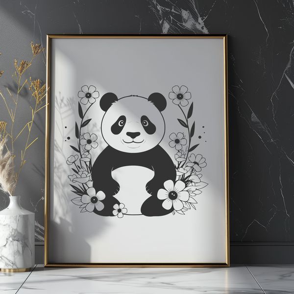 Simple black and white illustration of a panda bear in a natural environment.