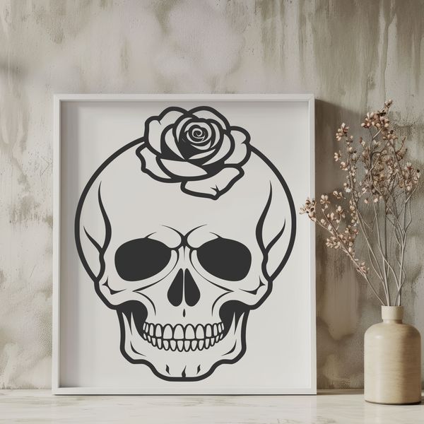 Gothic Rose Skull Icon A stylized gothic skull adorned with a single rose, suitable for various design and crafting applications.