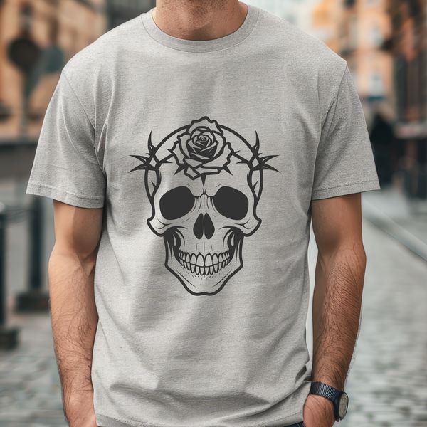 Beautiful Skull Design with Rose Motif Gothic-style skull illustration with a floral design incorporating a rose motif, suitable for various applications.