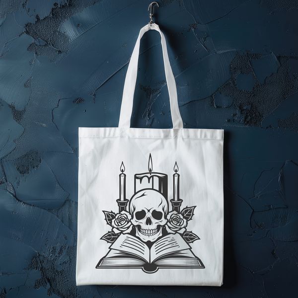 Gothic Skull Decoration Illustration A stylized illustration of a skull surrounded by candles and a single rose, suitable for Halloween decorations.
