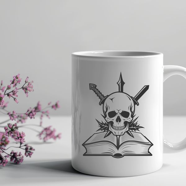 Halloween Decorative Sketch A stylized illustration of a skull adorned with intricate details and a dagger, suitable for Halloween-themed designs.