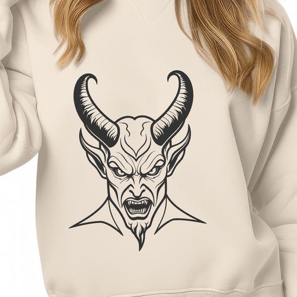 Dark Horned Figure Icon A dark figure with horns and a pitchfork, representing the character of Satan in Western mythology.
