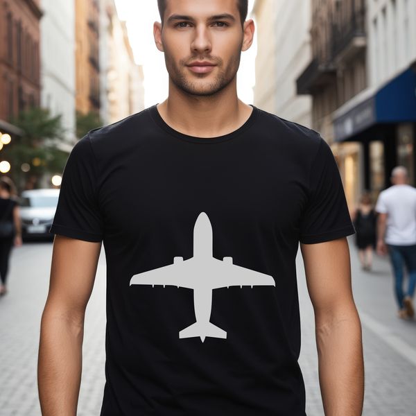 A simple silhouette of a commercial airplane in flight.