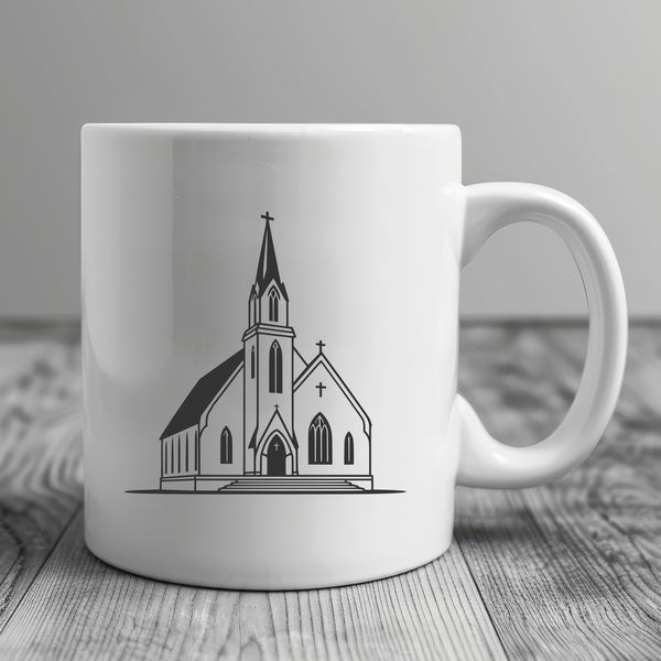 A stylized illustration of a traditional Baptist church building with a prominent steeple.