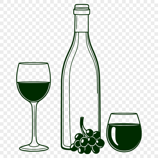 An illustration of a wine glass next to a partially filled bottle.