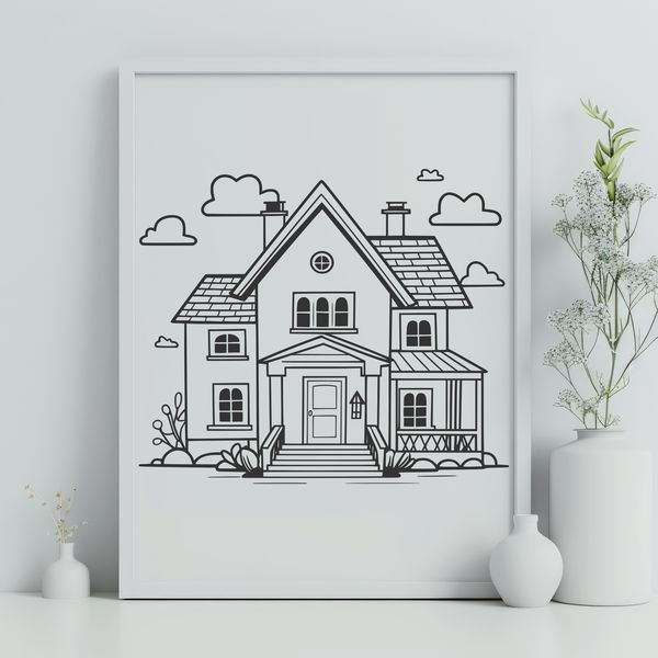 A 2D illustration of a house with basic architectural features, suitable for cutting or printing.