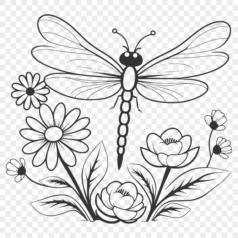 Dragonfly in Flight Vector Illustration A detailed vector illustration of a dragonfly in flight, surrounded by floral elements.