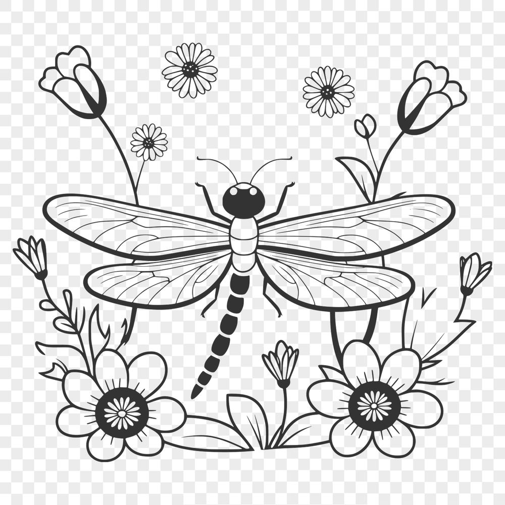 Dragonfly Vector Art with Floral Patterns A detailed illustration of a dragonfly in mid-air, with intricate patterns inspired by floral elements.