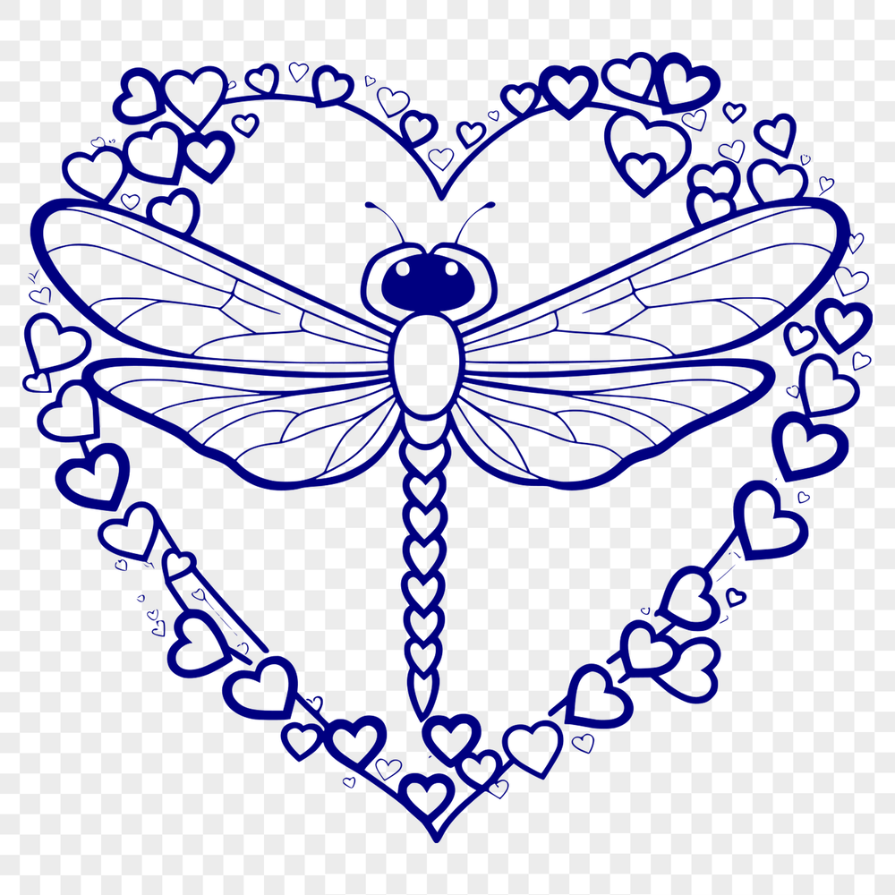 Heart Surrounding Dragonfly Vector Graphic Close-up illustration of a colorful dragonfly with love hearts surrounding its body, created as an editable vector design.