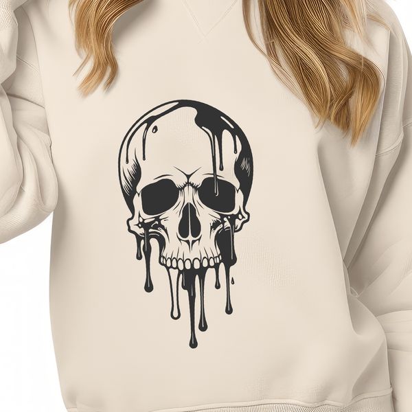 Gothic Skull Illustration with Liquid Drips A detailed illustration of a skull with drips of liquid, suitable for Halloween decorations or designs.