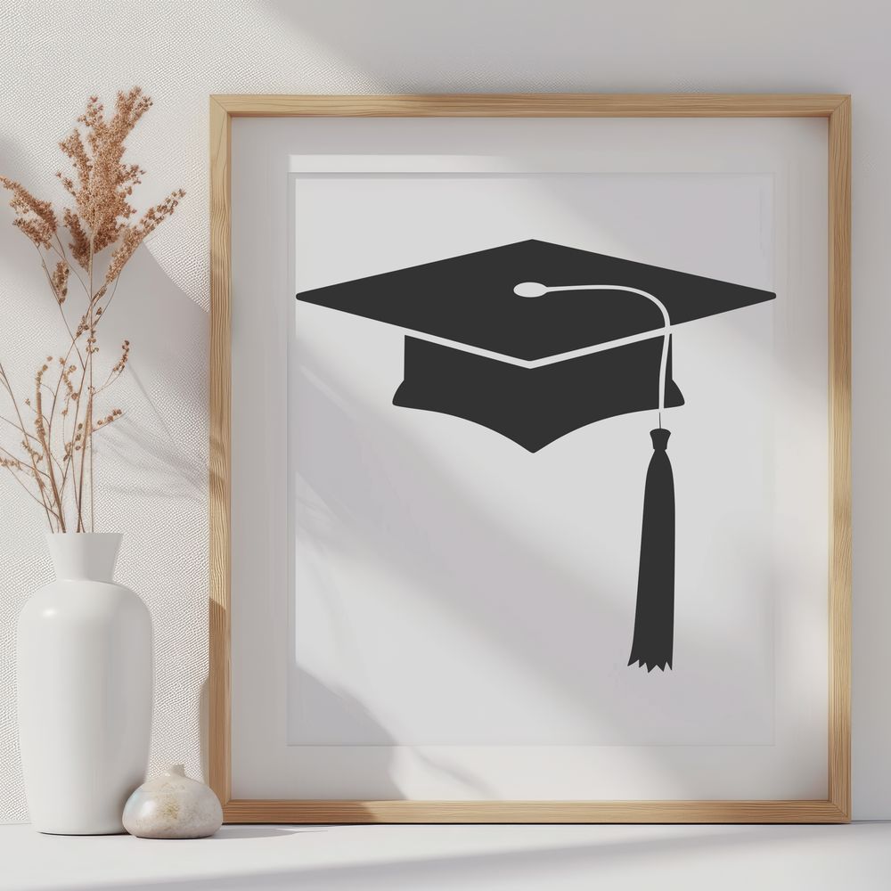 Academic Achievement Emblem An illustration of a graduation cap with tassel and diploma, designed as vector art.