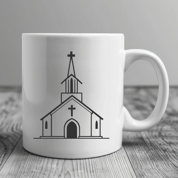 A stylized illustration of a traditional Baptist church with a simple design.