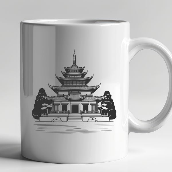 An isolated vector design of a serene Buddhist temple building with ornate details.