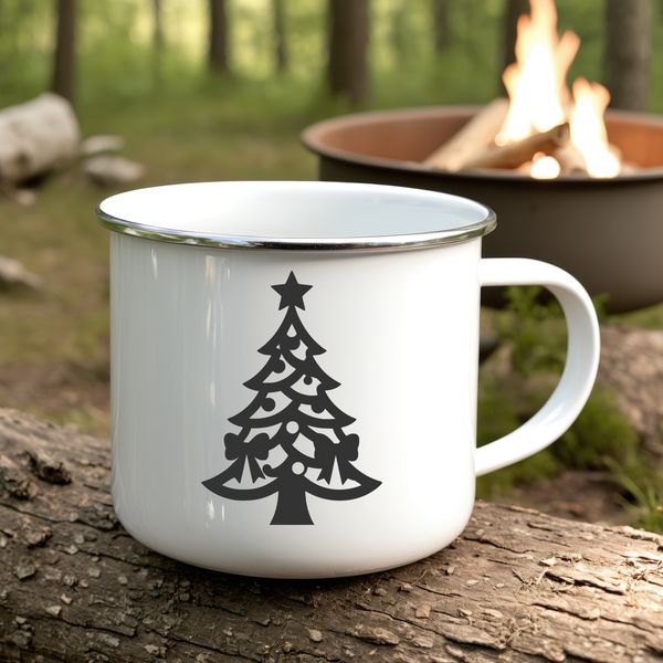 A minimalist digital illustration of a Christmas tree with greenery and ornaments.