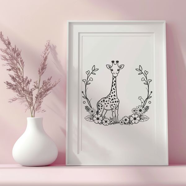 Giraffe Silhouette with Floral Patterns A vector illustration of a giraffe in profile with floral patterns on its fur.