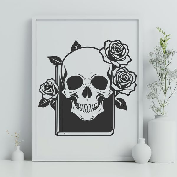 Elegant Skull with Roses SVG A stylized gothic skull with intricate details surrounded by a floral motif.