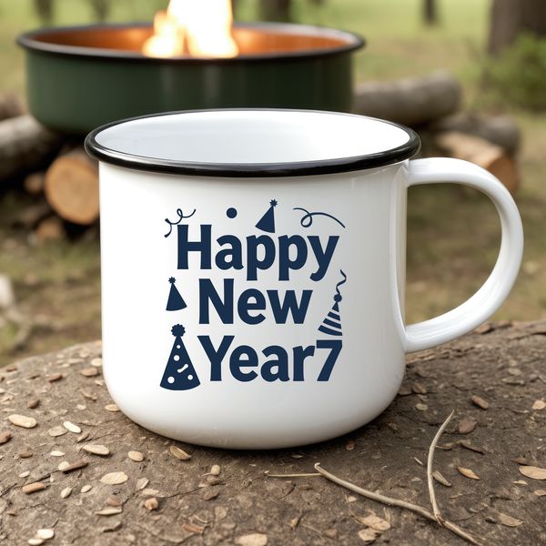 A digital illustration of a New Year's scene featuring decorative quotes and symbols.