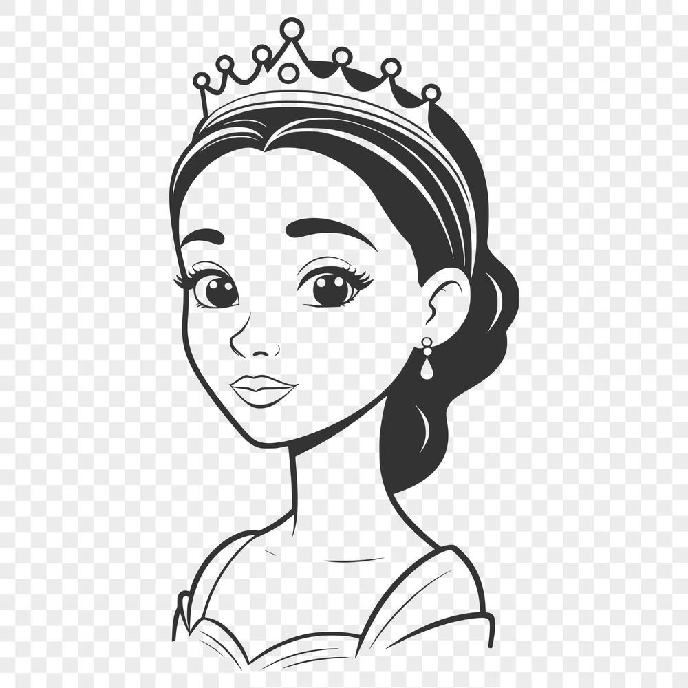 Young Princess Silhouette SVG Art A young female princess character illustrated as a simple line art design, suitable for various applications.
