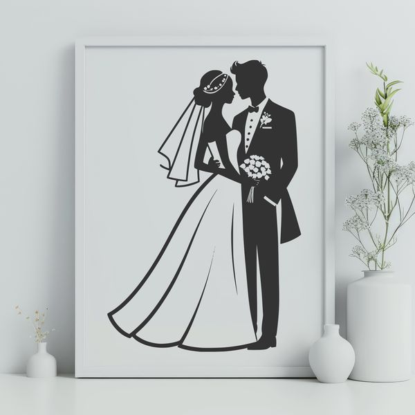 Elegant Wedding Design in SVG Format A traditional bride and groom standing together, surrounded by floral motifs, in a vector design format.
