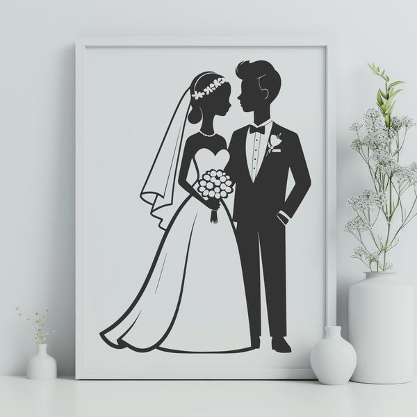 Beautiful Wedding SVG Image File Wedding illustration featuring a bride and groom in a romantic scene.