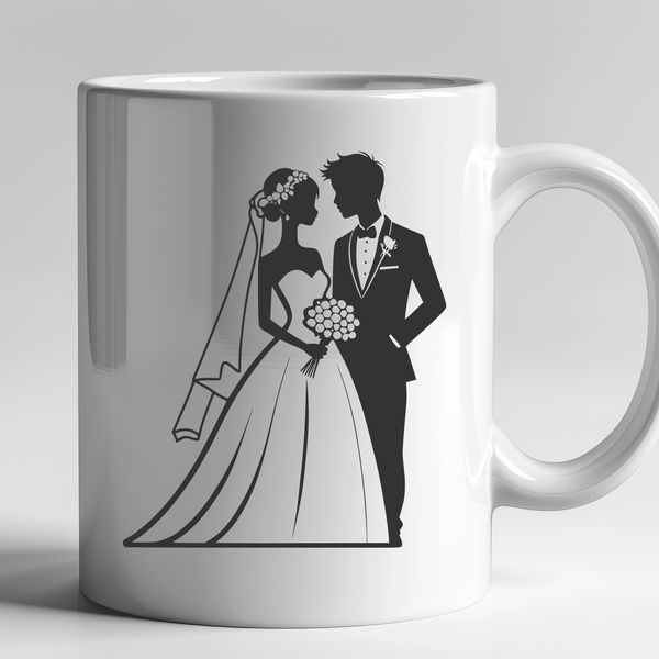 Bride and Groom Vector Graphic A detailed illustration of a bride and groom in a wedding scene, created as a vector graphic.