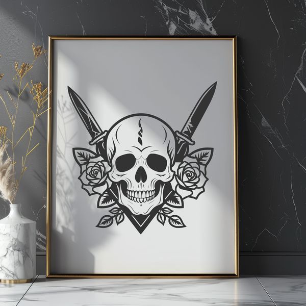 Gothic Dagger Adorned Skull Illustration A stylized illustration of a Gothic skull adorned with a dagger and rose.