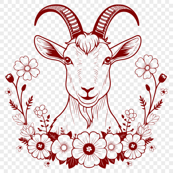 Lovely Goat Silhouette in Floral Setting A goat standing in a field with flowers and foliage surrounding it, suitable as vector clip art for graphic design.