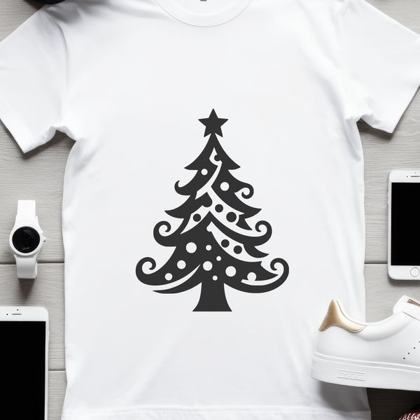 An intricately designed vector graphic of a Christmas tree for cutting or engraving projects.