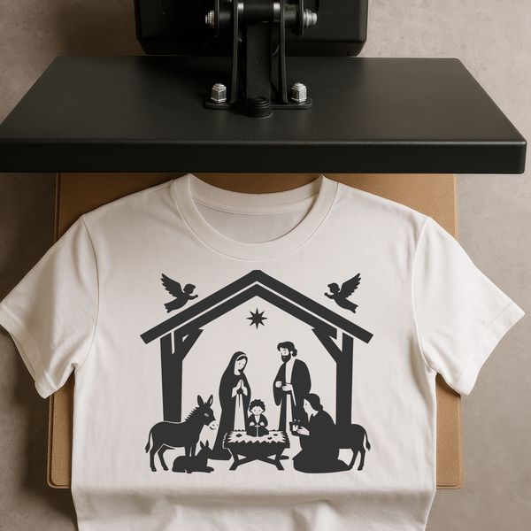 A traditional Christmas nativity scene composed of simple vector shapes.