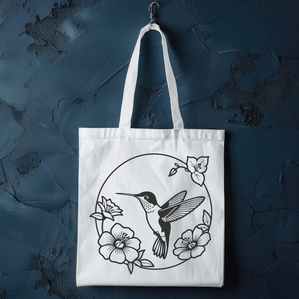 Floral Branch Perched Bird Design A colorful illustration of a hummingbird perched on a floral branch.