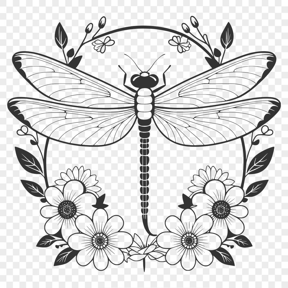 Colorful Insect with Iridescent Wings A colorful dragonfly with iridescent wings hovering above a bed of blooming flowers.
