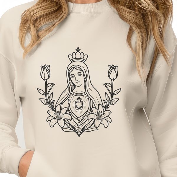Free Immaculate Heart Template A stylized illustration of a floral-patterned heart with a sacred and reverent tone.