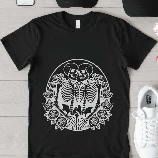 Skeleton Holding Floral Bouquet SVG Icon A stylized illustration of a skeleton holding a bouquet of flowers with a rose at its center.
