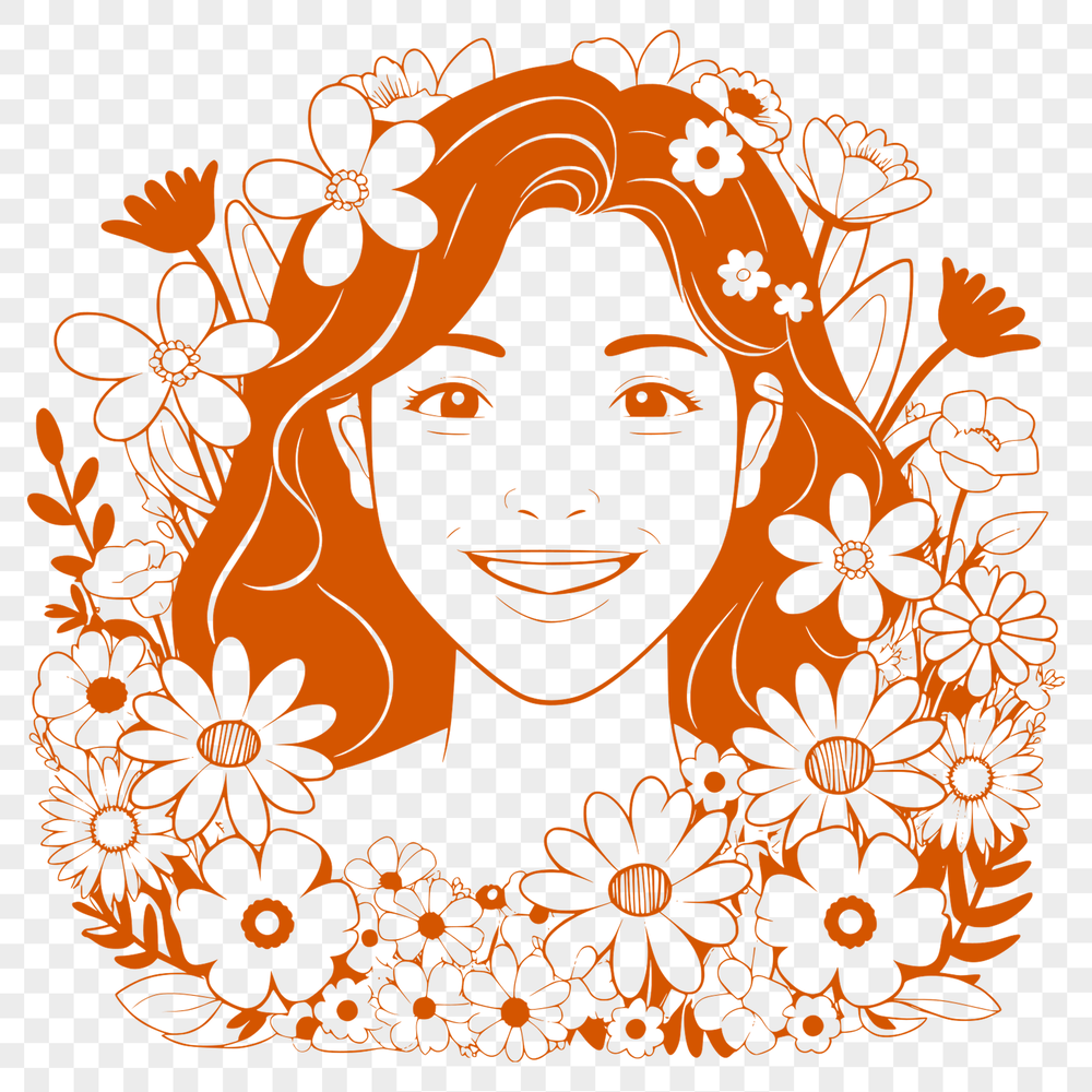 A single-line illustration of a woman surrounded by floral elements.