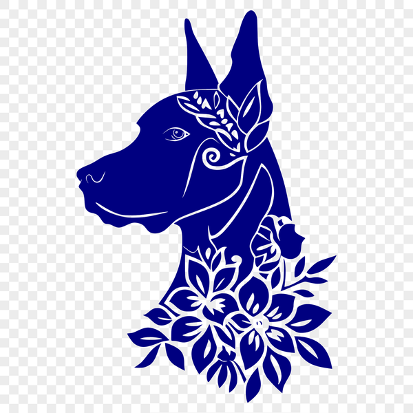 Stunning Floral Canine Design - Vector Illustration of a Doberman's Head A high-quality vector image of a Doberman Pinscher's head with ornate floral details.