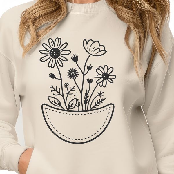 Intricate Floral Pocket Design A detailed floral design featuring a pocket shape with intricate illustrations of wild flowers.