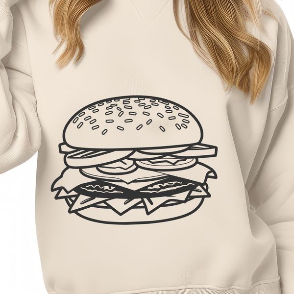 Delicious Food Vector Graphic A digital representation of a classic hamburger made up of a bun, patty, lettuce, cheese, and tomato.