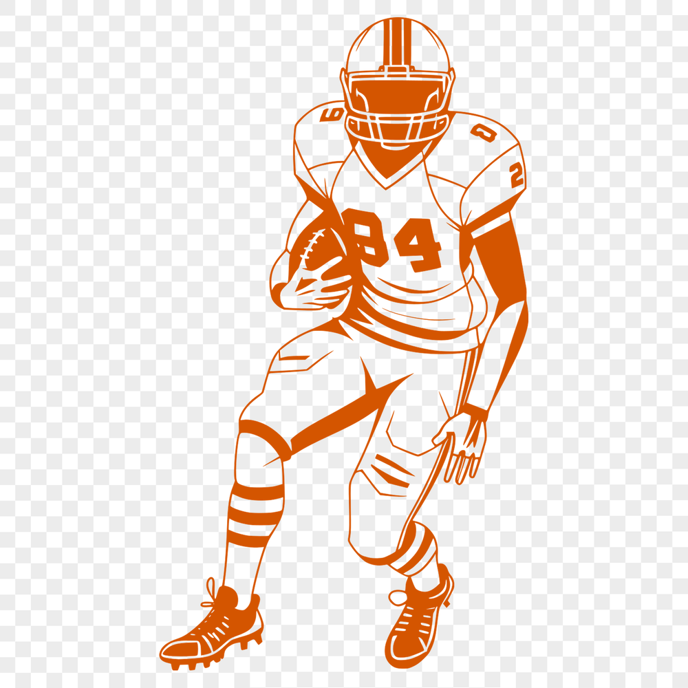 An illustration of a football player in action, wearing a protective helmet and holding the ball.