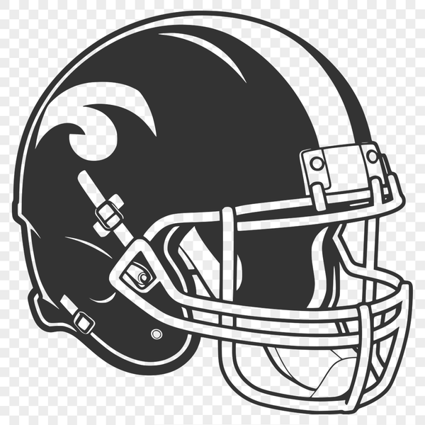 A vector graphic representation of an American football on the field with a stylized football helmet nearby.