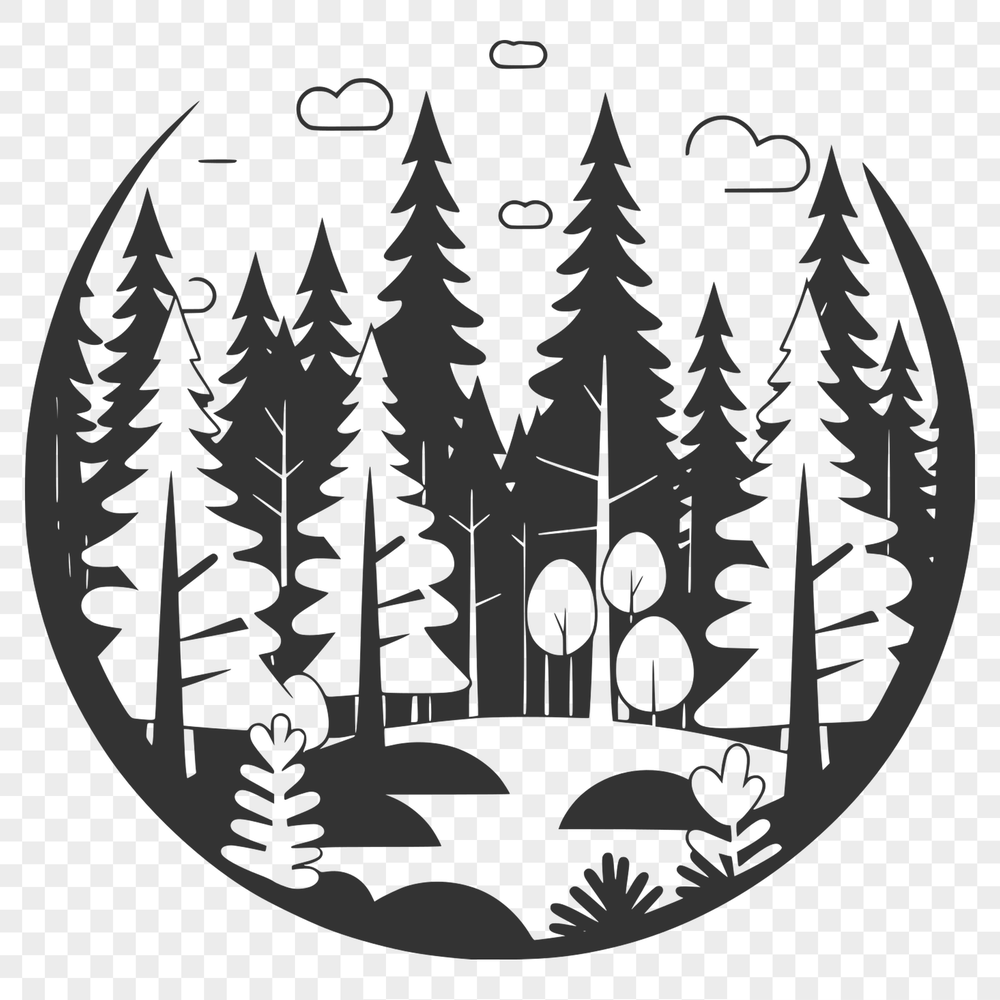Whimsical Forest Landscape SVG An SVG vector graphic representation of a forest scene featuring multiple trees in different shapes and sizes.