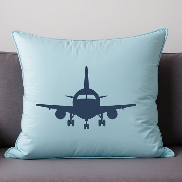 An outline design of a passenger plane flying through the sky.