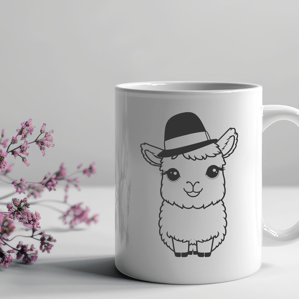 Cute And Colorful Outlined Alpaca A single alpaca wearing a hat in a simple outline illustration.