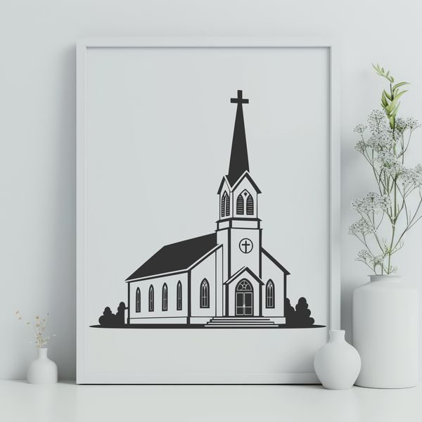 An SVG vector design representation of a traditional Baptist church exterior with details.