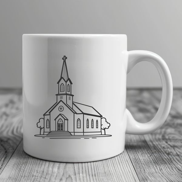 An SVG graphic representation of a classic Baptist church architecture featuring a symmetrical facade.
