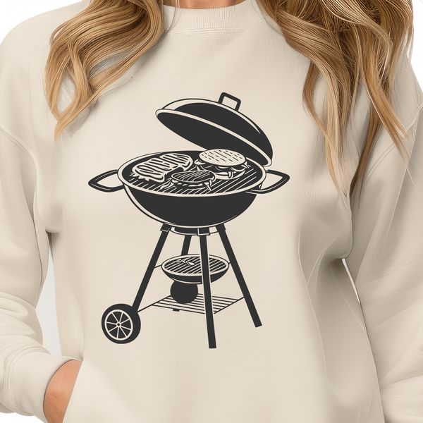 A illustration of a grill with sizzling food on the BBQ.