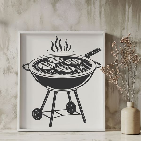 Summer Grill Illustration A detailed illustration of a charcoal grill with sizzling food, perfect for vector graphics design.