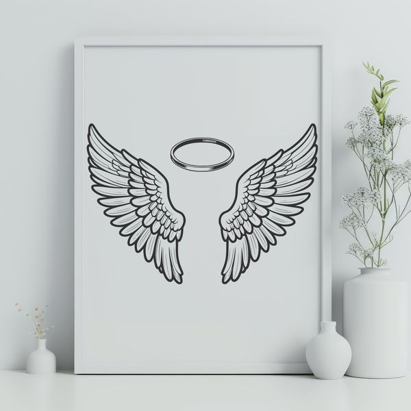 Delicate Angel Wing Illustration with Soft Halo Effect Illustrative angel wings design with a subtle halo effect